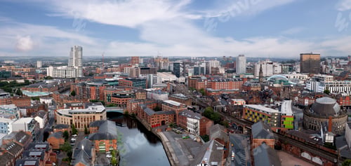 Preview: Aerial panorama of Leeds city centre with retail district and skyscrapers