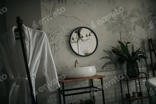 Preview: Luxury interior of eco style modern bathroom with oval bathtub and accessories at natural lighting