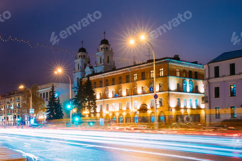 Preview: Minsk, Belarus. Night View Of Cathedral of Saint Virgin Mary And