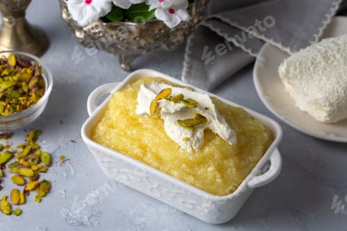 Preview: Sweet yellow Turkish dessert cheese halva Hosmerim on the white plate in the kitchen.