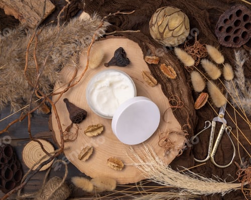 Preview: Opened cream jar with blank lid on wood near natural decorations top view. Packaging Mockup