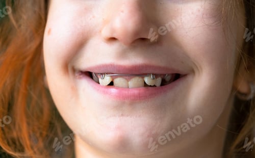 Preview: Close-up smiling mouth, girl after orthodontic plate correction, pediatric teeth alignment.