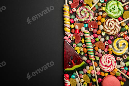Preview: top view of delicious multicolored sweets on black background