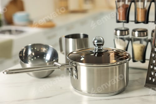Preview: Set of shiny cooking utensils and spices on white table against blurred background