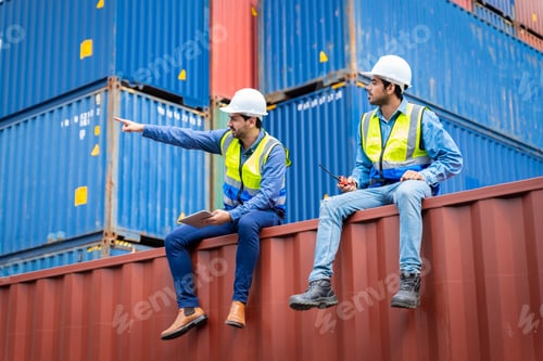 Preview: Two male engineers in a container shipping company