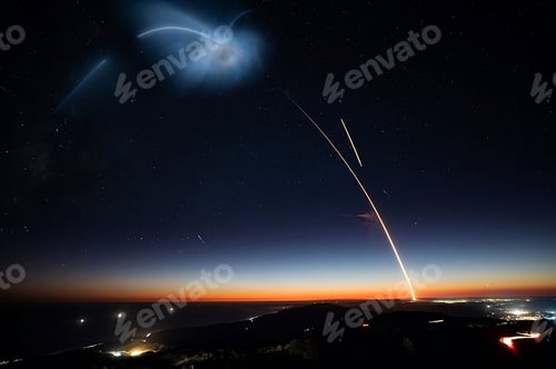 Preview: Is a time-lapse image of a rocket launch taking place at night