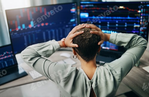 Preview: Computer, graphs and business person stress over data analysis error, economy investment numbers or