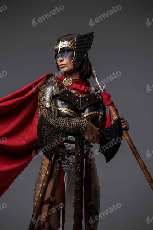 Preview: Medieval warrior lady with axe and spear looking away