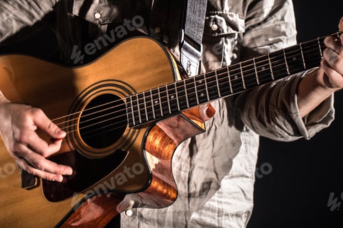 Preview: Musician Playing Acoustic Guitar With Wood Grain Body