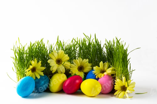 Preview: Multicolored Easter eggs in green grass