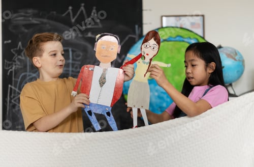 Preview: Little children playing with a handmade puppets.