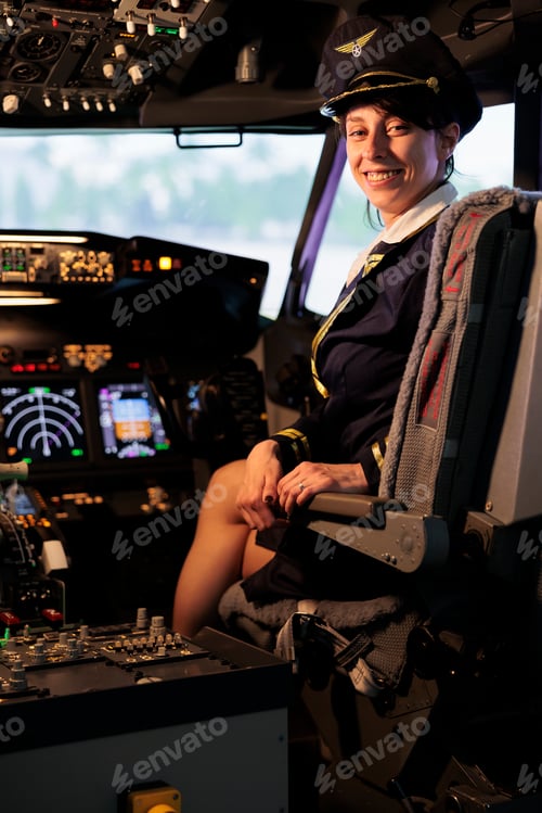 Preview: Portrait of woman aviator sitting in captain cabin to fly plane