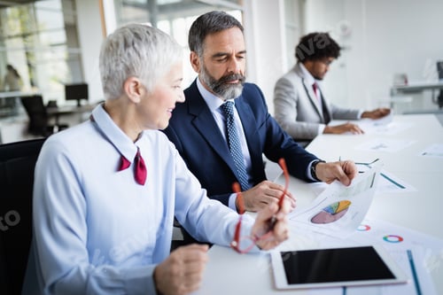 Preview: Business Professionals Discussing Charts at Meeting Table