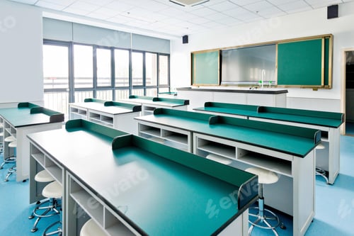 Preview: Empty Bright Science Lab Classroom with Tables