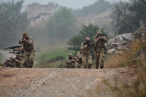 Preview: A disciplined and specialized military unit, donned in camouflage, strategically patrolling and
