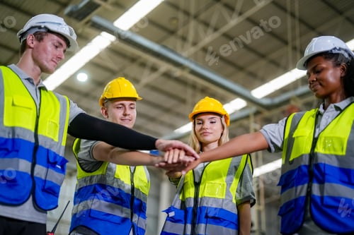 Preview: Group of smiling worker standing together at logistic distribution warehouse, Teamwork concept