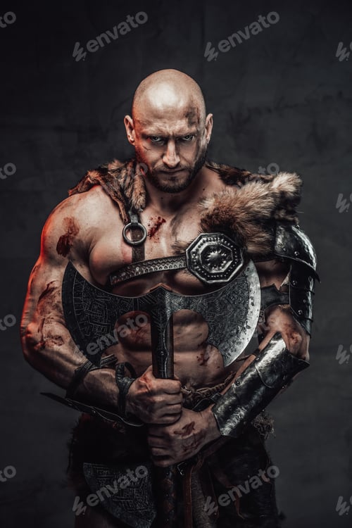 Preview: Armed with two handed axe dangerous bald viking warrior