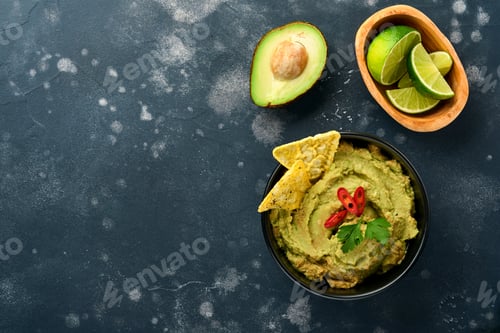 Preview: Guacamole. Traditional latinamerican Mexican dip sauce in a black bowl with avocado and ingredients