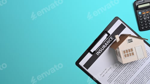 Preview: Top view house model, calculator and insurance claim form on blue background.