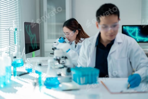 Preview: Scientists working with microscope and computer in laboratory