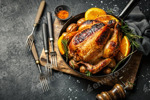 Preview: Baked whole chicken with spices on pan