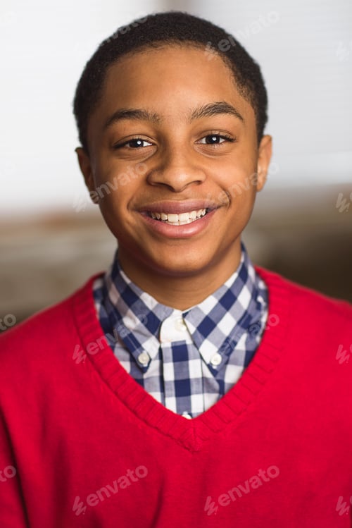 Preview: Portrait of smiling teenage boy wearing red sweater