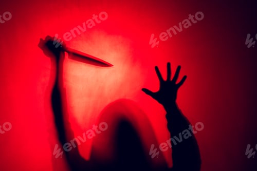 Preview: Composition of silhouette of woman holding knife on red background