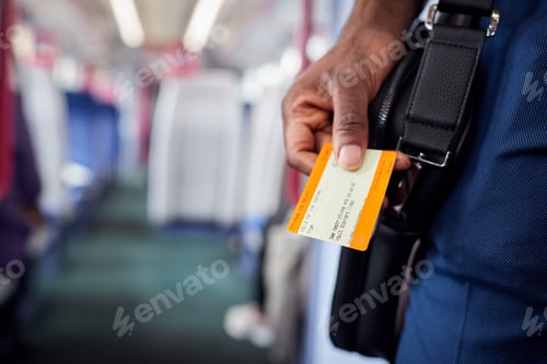 Preview: Close Up Of Businessman Standing In Train Commuting To Work Holding Ticket