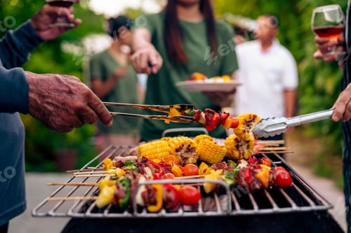 Preview: Home Garden BBQ Party, Wine Glasses Clink in Family Toast, enjoying harvest time together outside