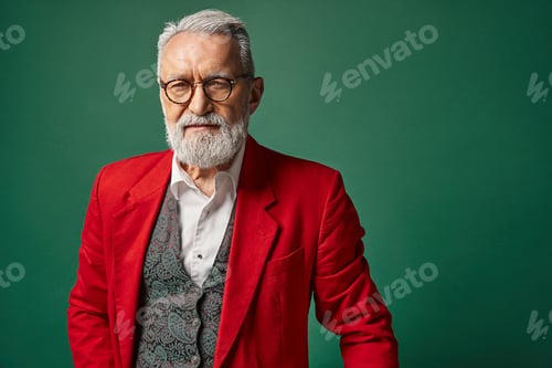 Preview: stylish classy man dressed as Santa with glasses and beard looking at camera, winter concept