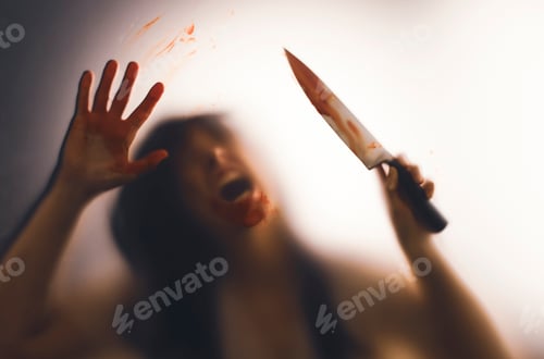 Preview: Woman killer with a knife in her hand. Creepy background