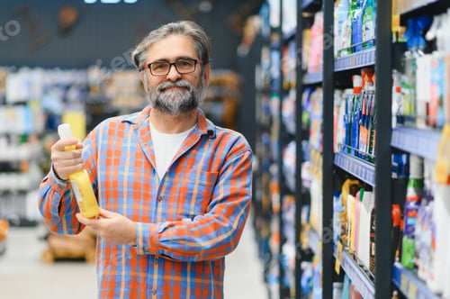 Preview: Portrait of focused man buying household chemicals in supermarket, reading labels on bottles