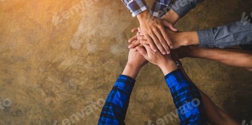 Preview: Group of Diverse Hands Together Joining Concept, Successful team. Top view of business people holdin