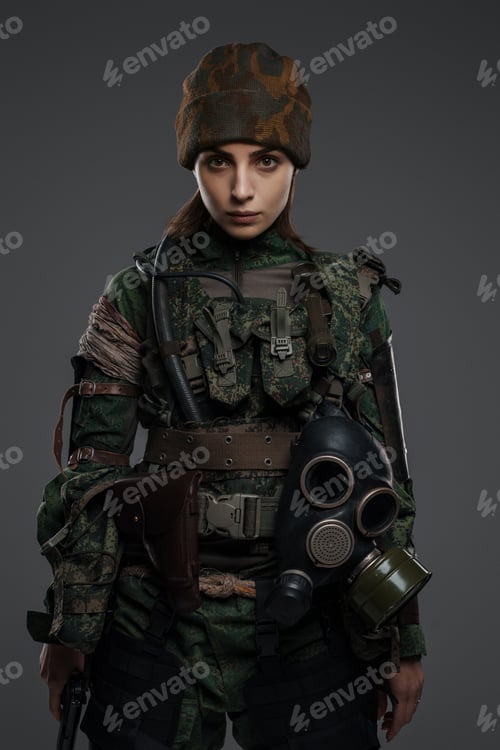 Preview: Portrait of a woman in military attire against a gray background
