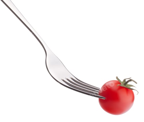 Preview: Cherry tomato on fork isolated on white background cutout. Healthy eating concept.