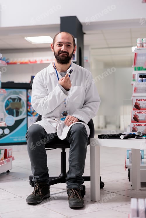 Preview: Pharmacist having medical oximeter on finger measuring his pulse while waiting for clients