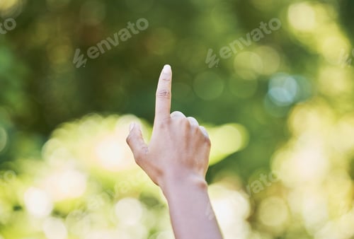 Preview: Hand, nature and sustainability with a woman touching a green background for eco friendly conservat