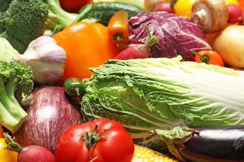 Preview: Many different fresh vegetables as background, closeup