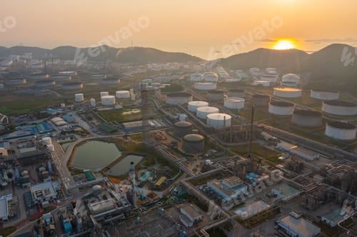 Preview: Aerial view of petrochemical oil refinery and sea in industrial engineering concept in Bangna