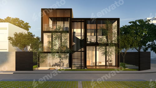 Preview: 3d rendering black loft modern house in summer