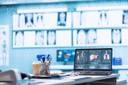 Preview: Empty medical office with computer and diagnostic tools set up for consultations