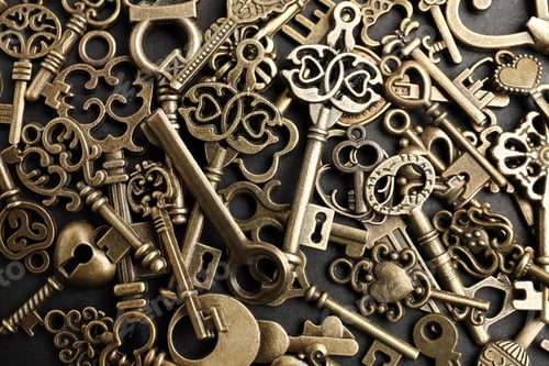 Preview: Bronze vintage ornate keys on dark background, top view