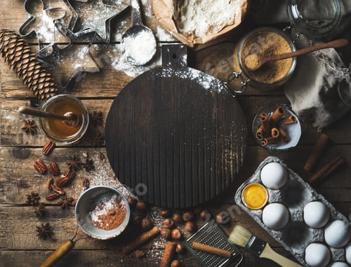 Preview: Christmas holiday cooking and baking ingredients with board in center