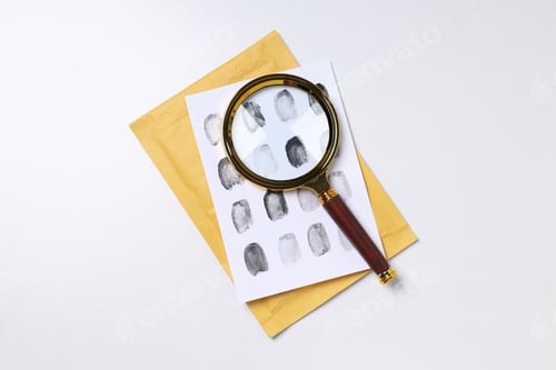 Preview: Magnifying glass with fingerprints on a white background