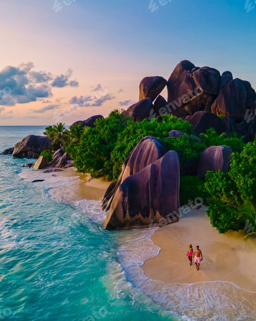 Preview: Anse Source d'Argent beach, La Digue Island, Seyshelles, Drone aerial view of La Digue Seychelles
