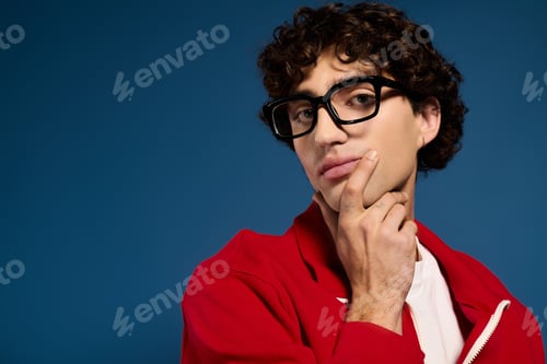 Preview: Stylish young man poses with confidence against a vibrant blue backdrop