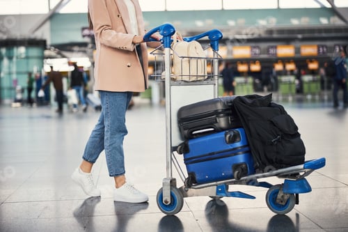 Preview: Elegant young woman pushing baggage cart at airport