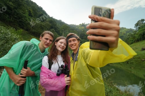 Preview: Travel Adventures, Young people Hiking On Mountain And Enjoys Nature outdoor