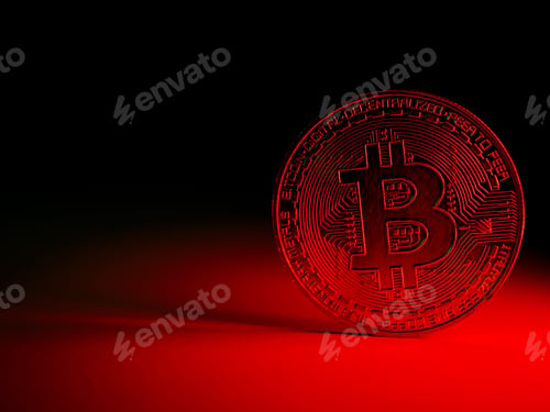Preview: A coin with bitcoin symbol on red light. Concept of a cryptocurrency market crisis.