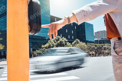 Preview: Woman hand pressing a traffic light button at a pedestrian crossing on the urban city street. Outdo